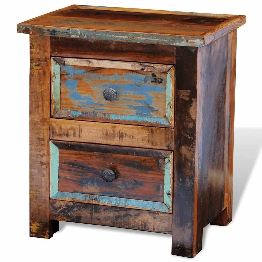 Bedside Table Antique Style 2 Drawer Reclaimed Wood Nightstand Storage Cabinet