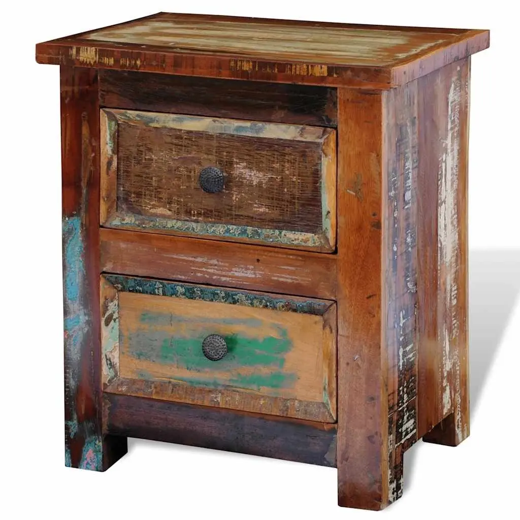 Bedside Table Antique Style 2 Drawer Reclaimed Wood Nightstand Storage Cabinet