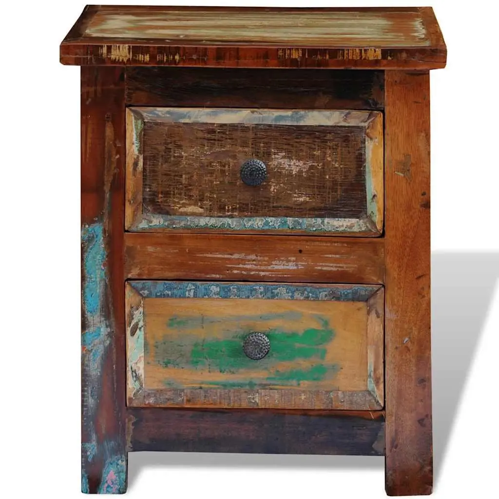 Bedside Table Antique Style 2 Drawer Reclaimed Wood Nightstand Storage Cabinet
