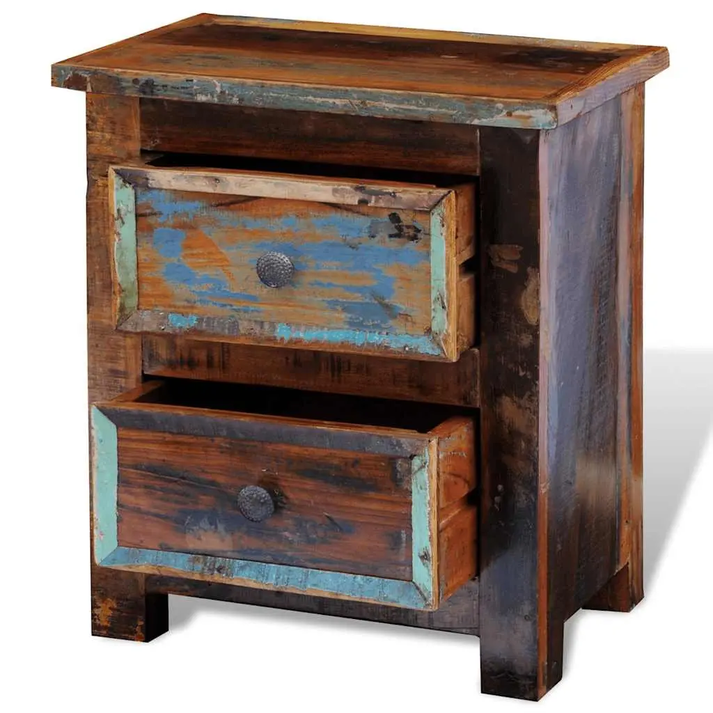 Bedside Table Antique Style 2 Drawer Reclaimed Wood Nightstand Storage Cabinet