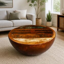 Bowl-Shaped Coffee Table in Reclaimed Wood and Steel Base