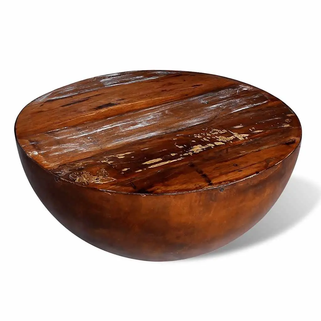 Coffee Table Bowl Shape Antique Brown Reclaimed Wood Steel Base Handmade