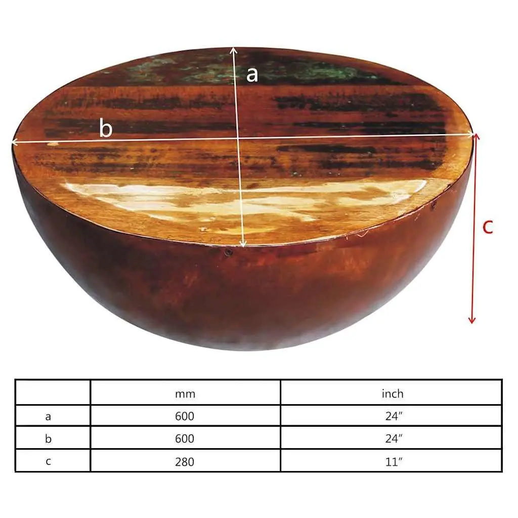 Coffee Table Bowl Shape Antique Brown Reclaimed Wood Steel Base Handmade