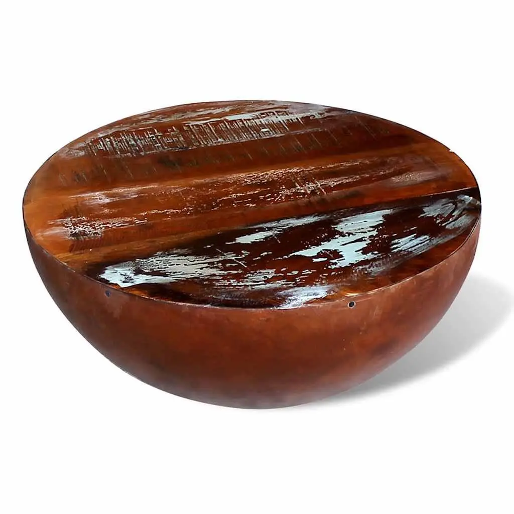 Coffee Table Bowl Shape Antique Brown Reclaimed Wood Steel Base Handmade