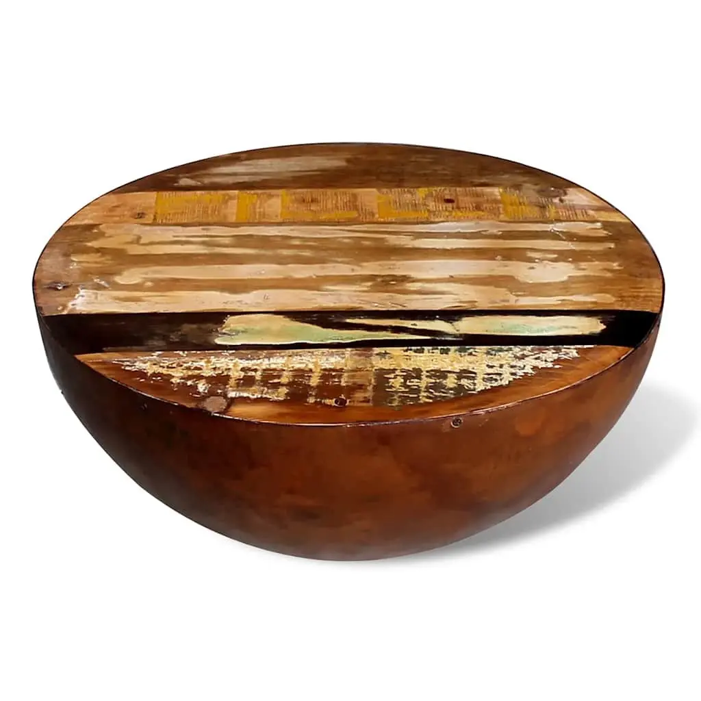 Coffee Table Bowl Shape Antique Brown Reclaimed Wood Steel Base Handmade