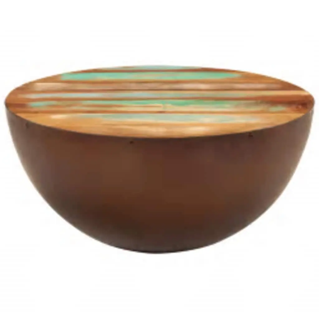 Coffee Table Bowl Shape Antique Brown Reclaimed Wood Steel Base Handmade