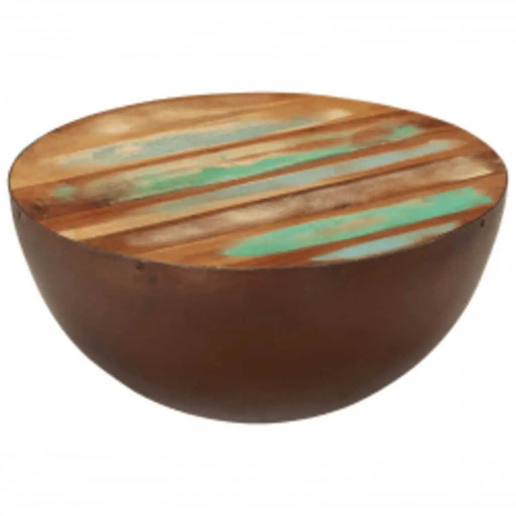 Coffee Table Bowl Shape Antique Brown Reclaimed Wood Steel Base Handmade