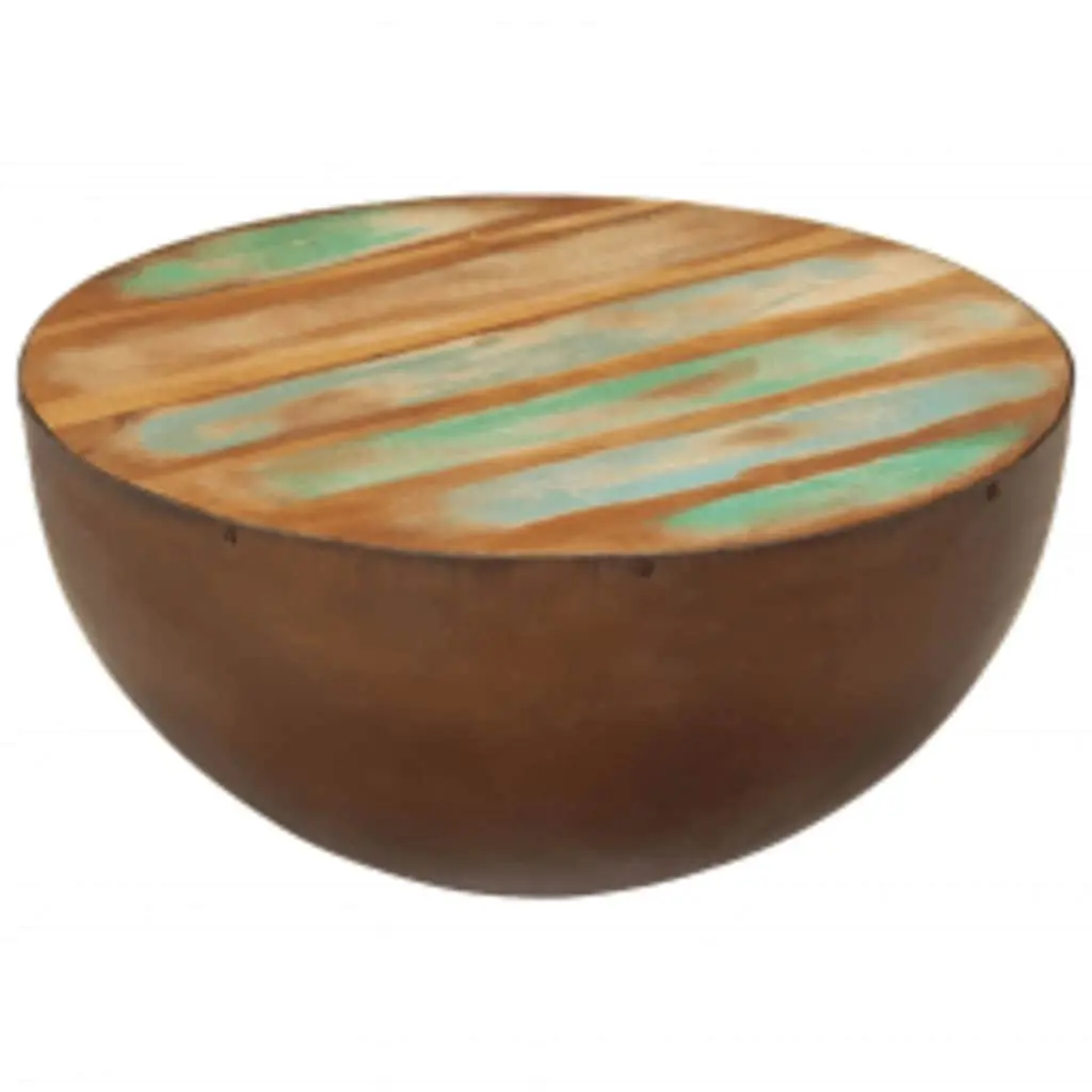 Coffee Table Bowl Shape Antique Brown Reclaimed Wood Steel Base Handmade