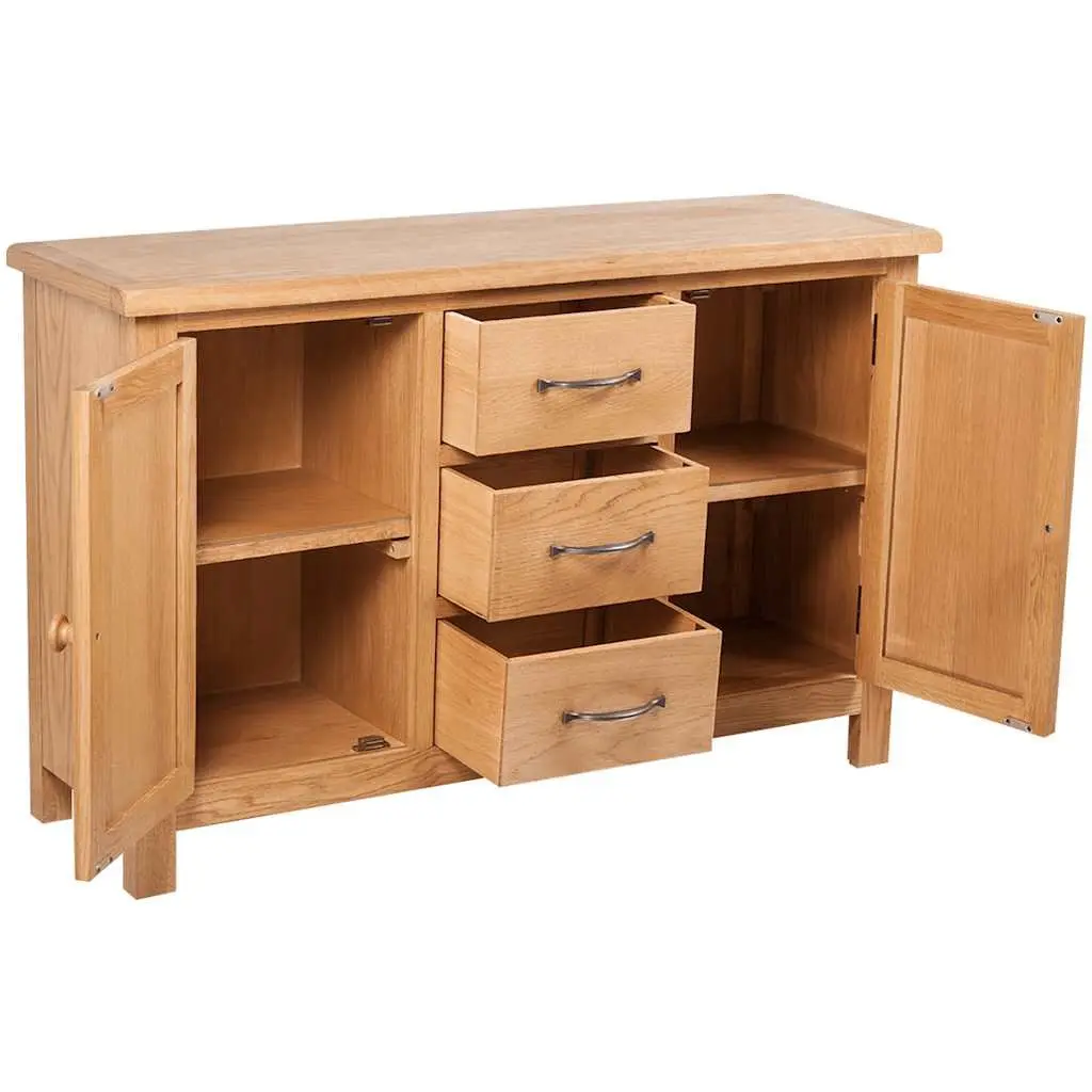 Wooden Sideboard Rustic Brown 110cm Solid Oak 3 Drawers 2 Cupboards