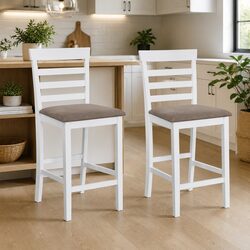 Set of 2 White Fabric Padded Bar Stools
