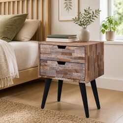 Vintage Brown Reclaimed Wood Bedside Table with 2 Drawers