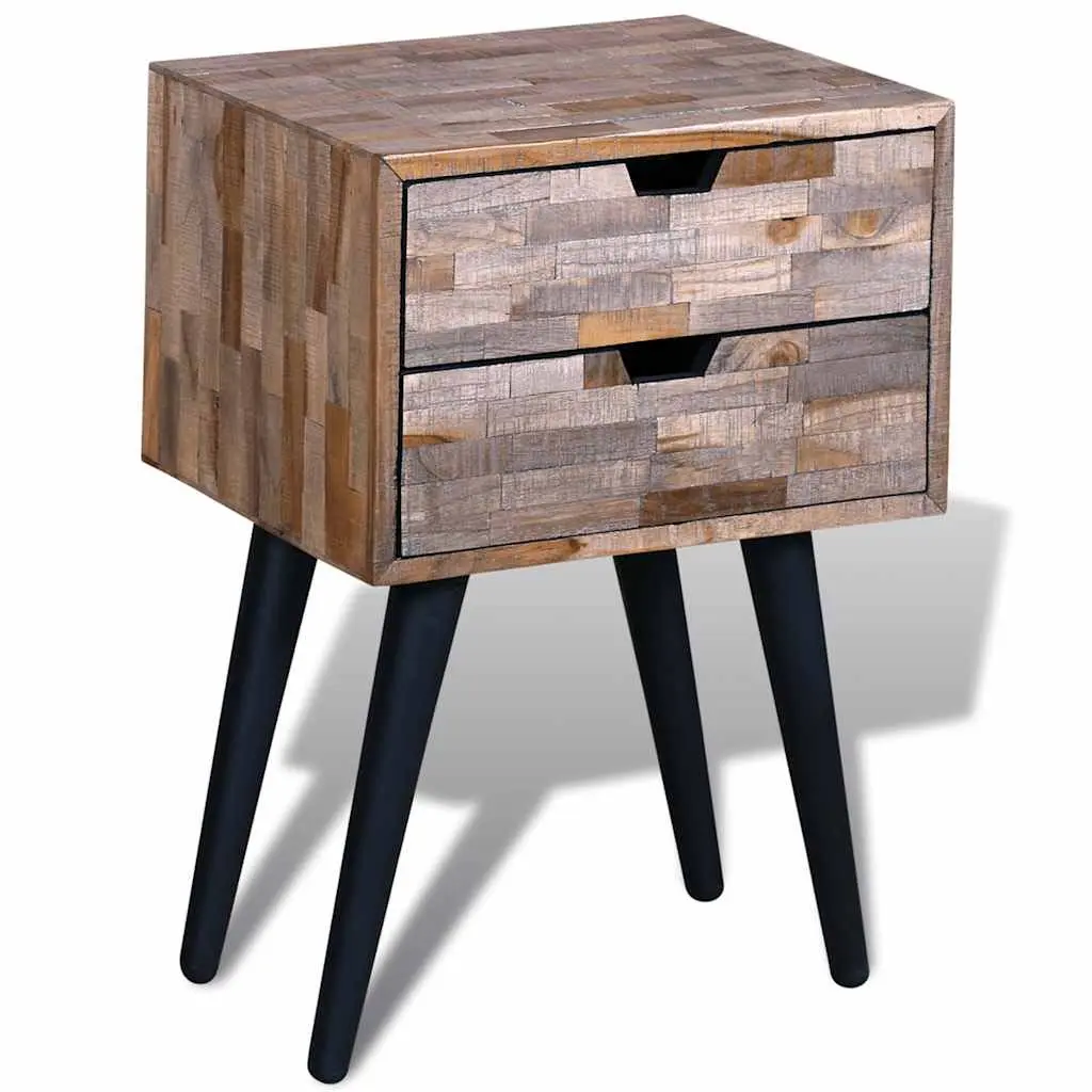 Vintage Brown Reclaimed Wood Bedside Table with 2 Drawers