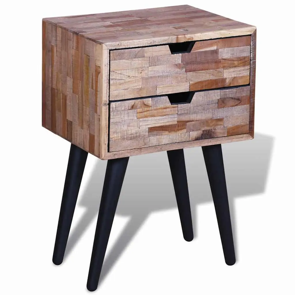 Vintage Brown Reclaimed Wood Bedside Table with 2 Drawers