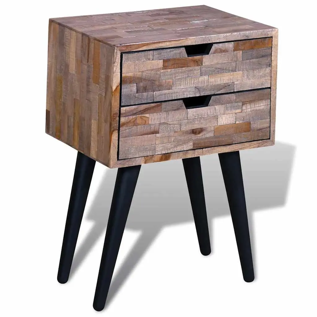 Vintage Brown Reclaimed Wood Bedside Table with 2 Drawers