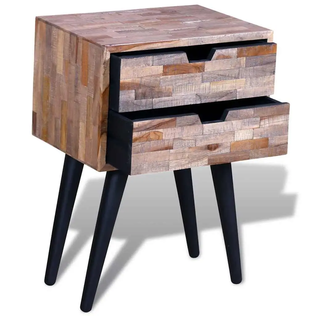 Vintage Brown Reclaimed Wood Bedside Table with 2 Drawers