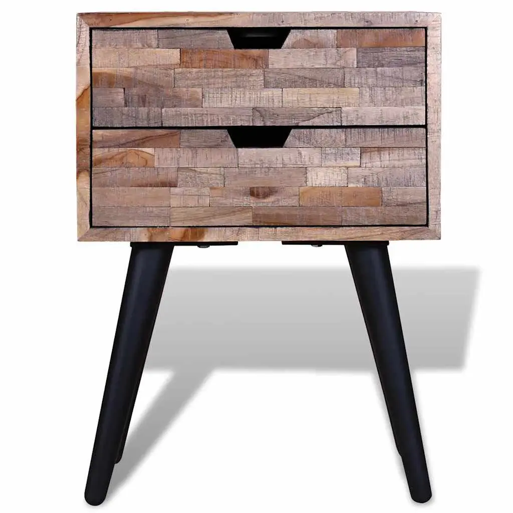 Vintage Brown Reclaimed Wood Bedside Table with 2 Drawers
