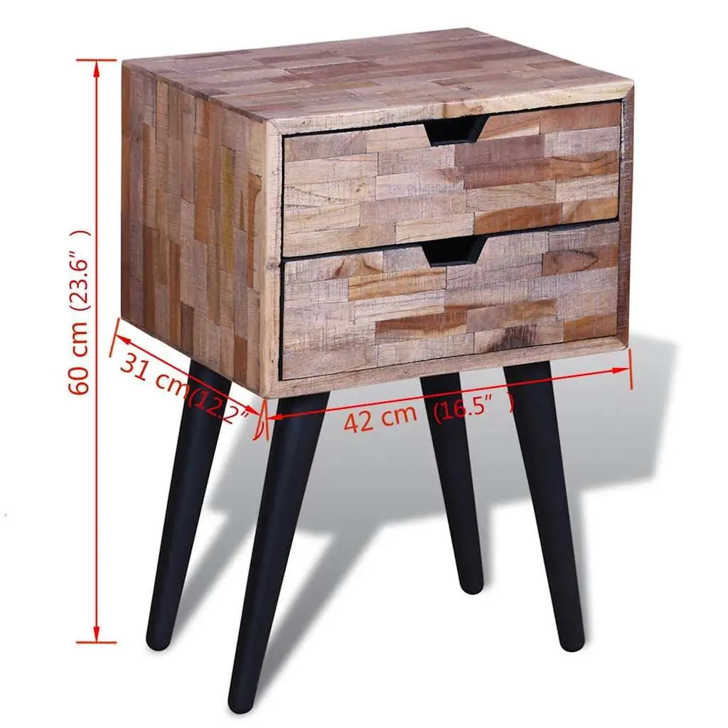 Vintage Brown Reclaimed Wood Bedside Table with 2 Drawers