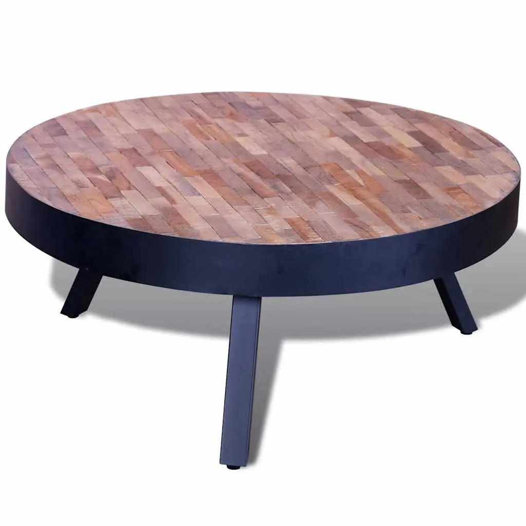 Round Reclaimed Wood Coffee Table Black Accent Living Room Furniture