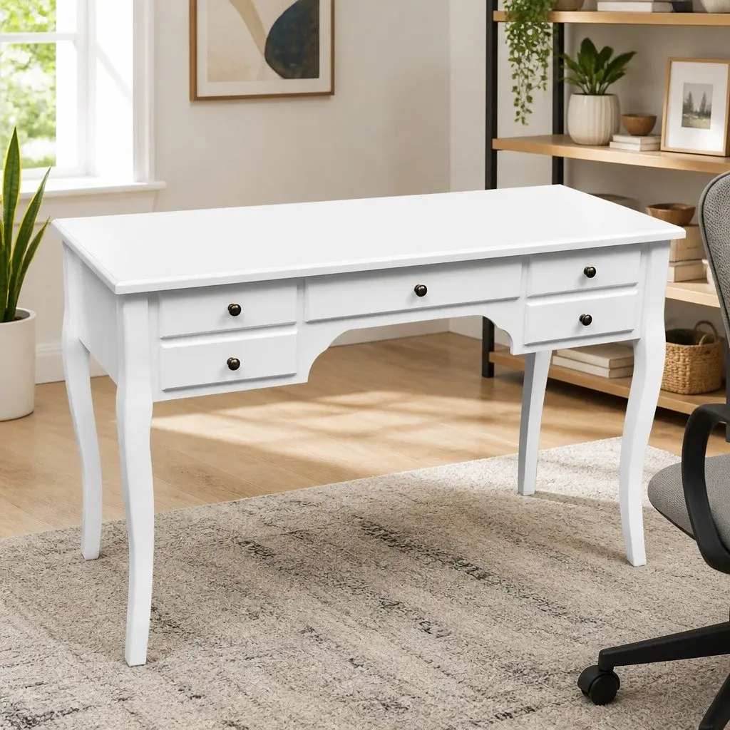 Wooden French Desk Antique Look 5 Drawers White MDF Pinewood