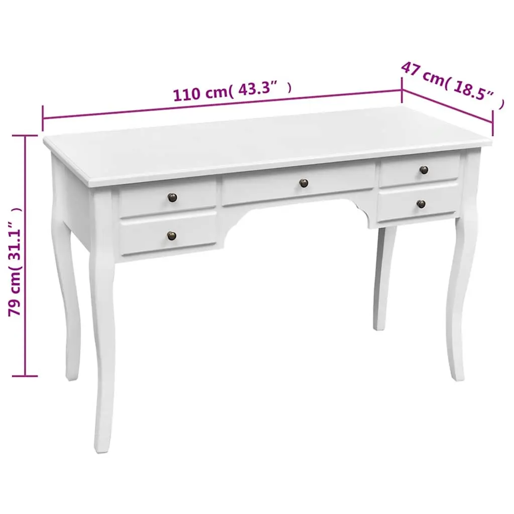 Wooden French Desk Antique Look 5 Drawers White MDF Pinewood