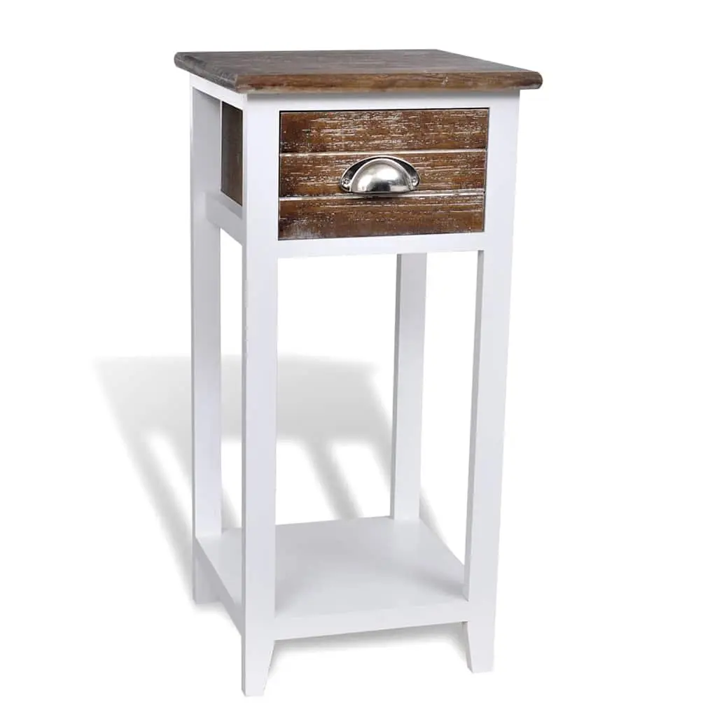 Bedside Table Brown White Nightstand Cabinet 1 Drawer Plywood Paulownia Wood