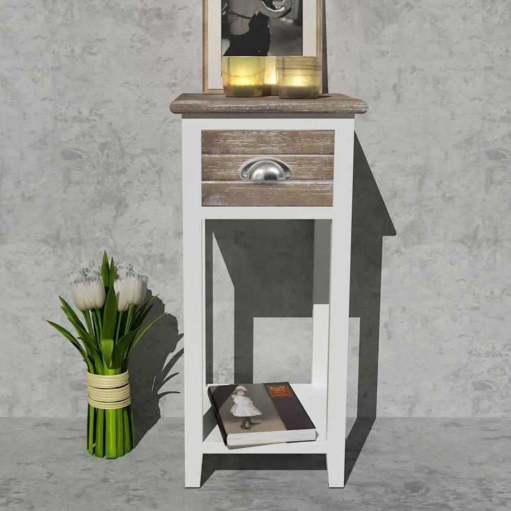 Bedside Table Brown White Nightstand Cabinet 1 Drawer Plywood Paulownia Wood