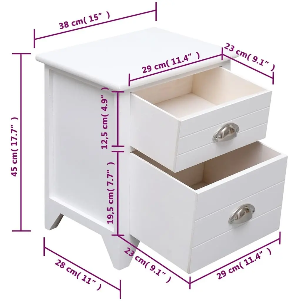 Bedside Tables White 2 Drawer Nightstands Plywood Paulownia Wood