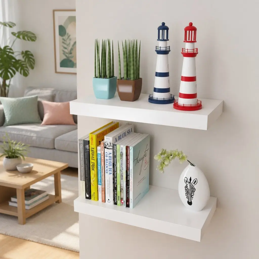 Floating Wall Shelves White MDF 2 Piece Storage Display Shelves