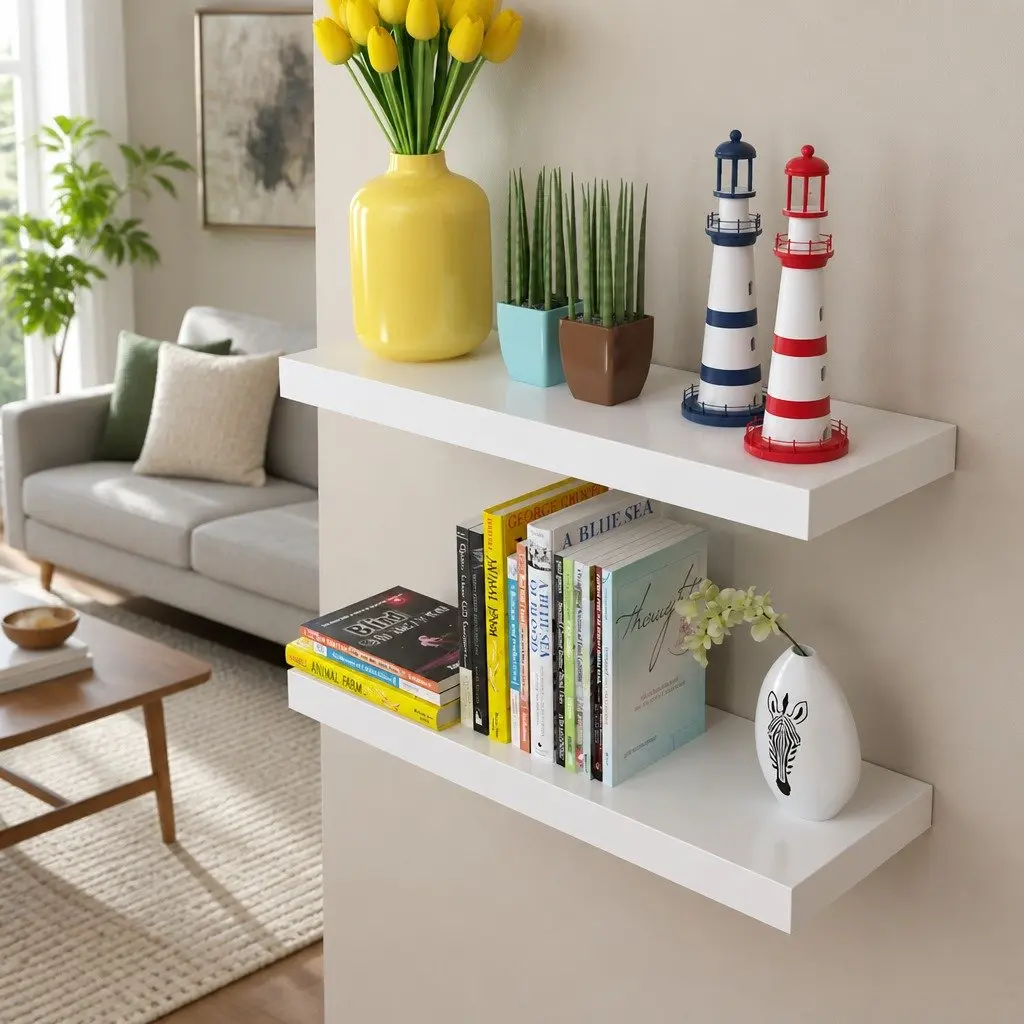 Set of 2 White Floating Wall Display Shelves