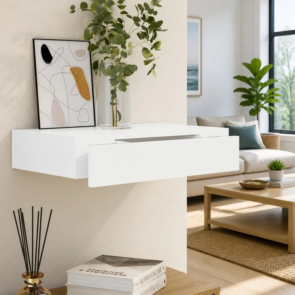 Floating Wall Shelf White MDF with Drawer Size Suitable for Books DVDs Collectables Ornaments
