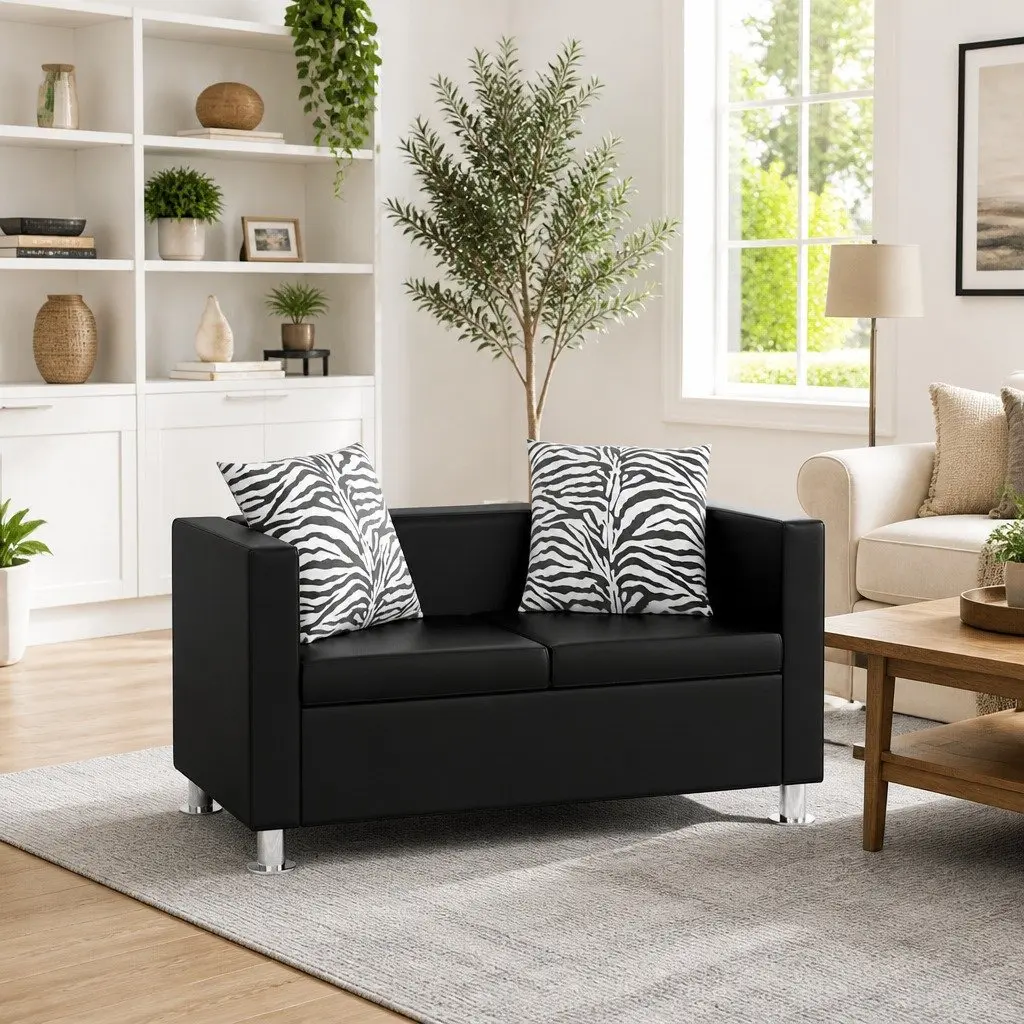 2-Seater Sofa with Black Artificial Leather Upholstery and Thickly Padded Cushions for Living Rooms and Small Spaces