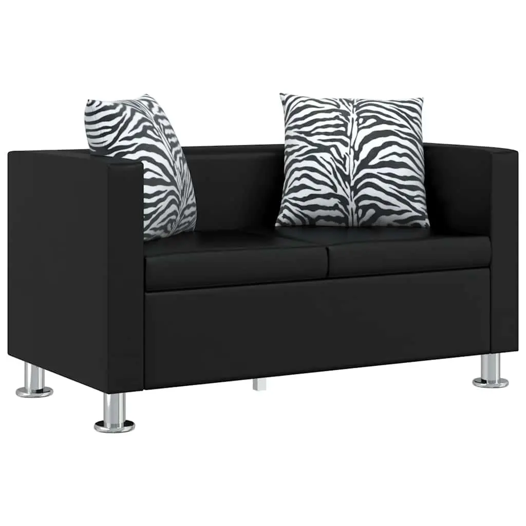 2-Seater Sofa with Black Artificial Leather Upholstery and Thickly Padded Cushions for Living Rooms and Small Spaces