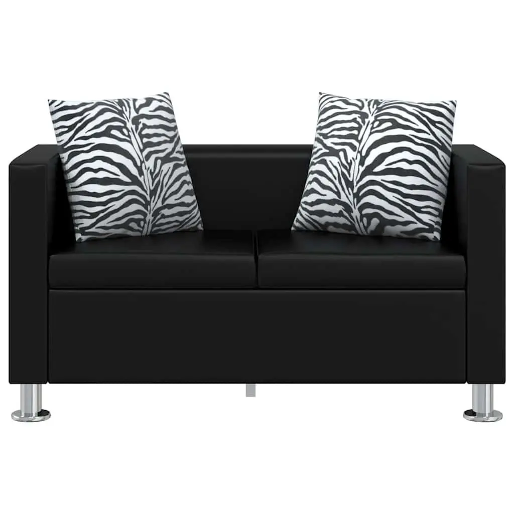 2-Seater Sofa with Black Artificial Leather Upholstery and Thickly Padded Cushions for Living Rooms and Small Spaces