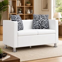 Modern 2-Seater White Sofa with Artificial Leather Upholstery