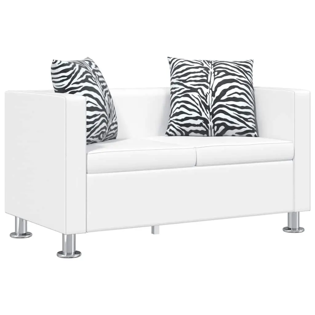 2-Seater Sofa Modern White Artificial Leather Padded Cushions