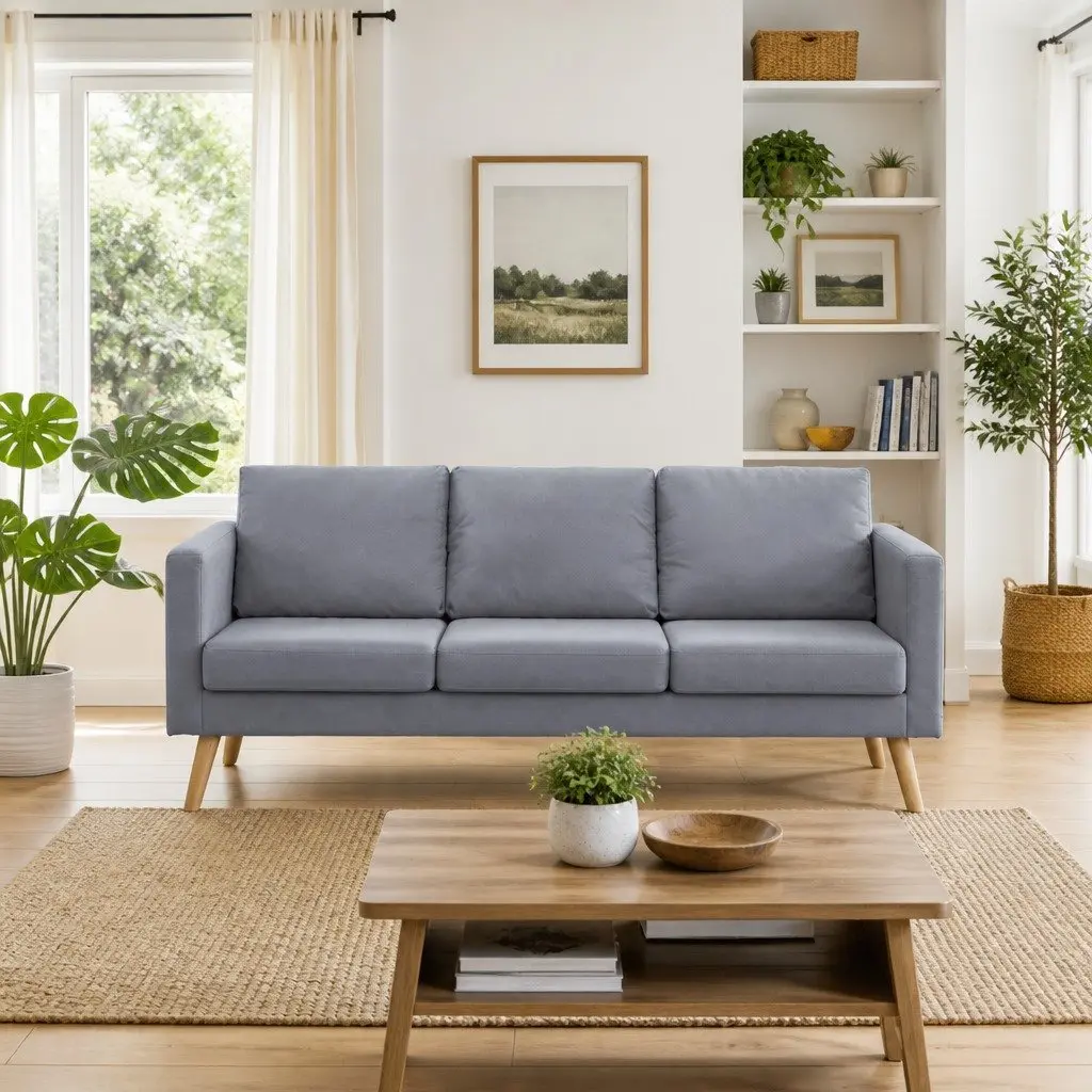 3-Seater Sofa Grey Fabric Couch Padded Cushions Wooden Frame Removable Covers
