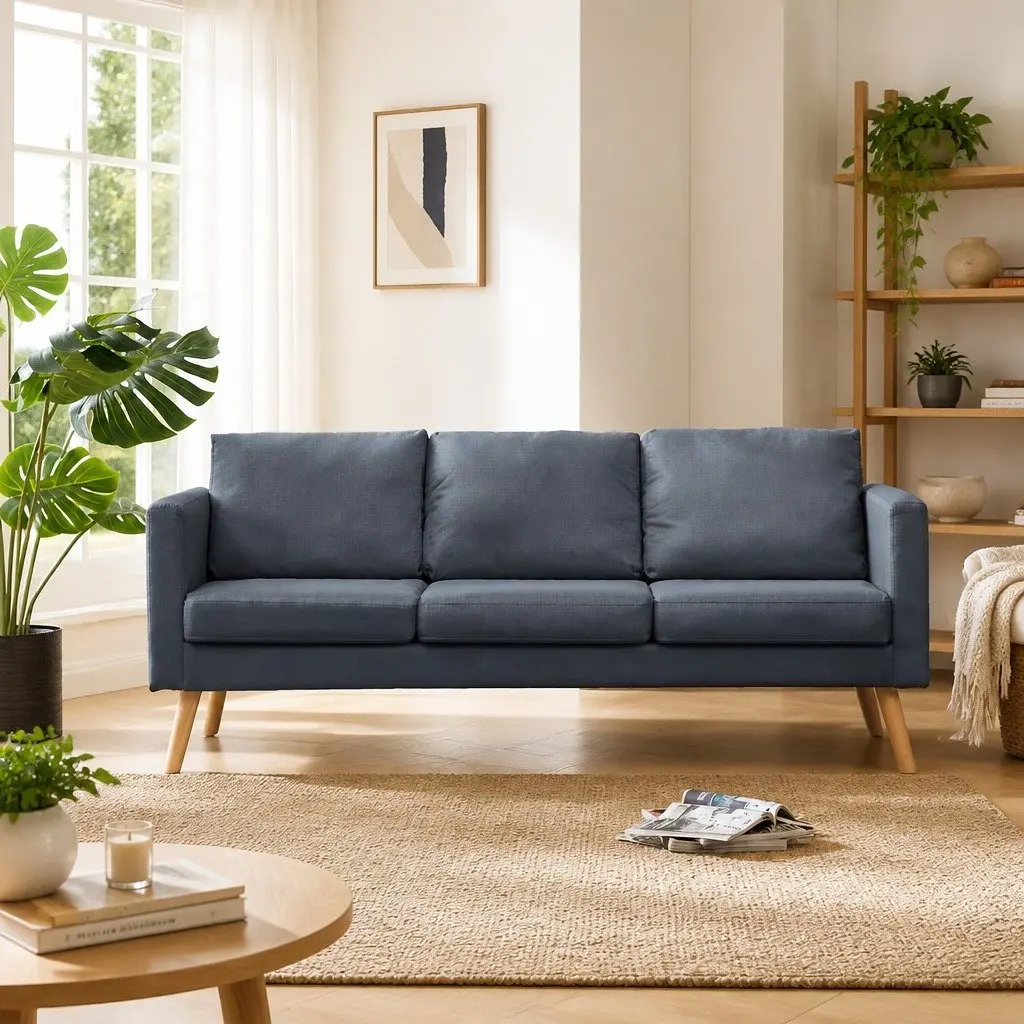 Grey Fabric Couch 3-Seater Living Room Sofa Removable Cushion Covers Padded Cushions Wooden Frame