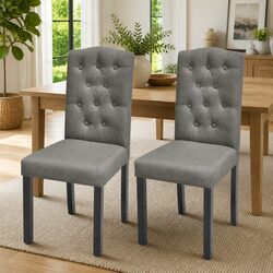 Set of 2 Grey Upholstered Dining Chairs with Wooden Legs