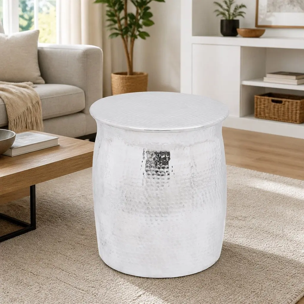 Hammered Aluminium Stool and Side Table in Silver