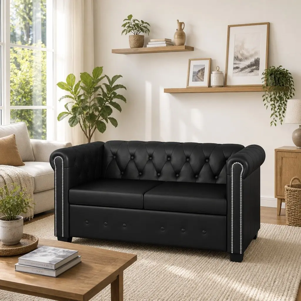 Chesterfield Sofa 2 Seater Black Artificial Leather Curved Arms Tufted Studded