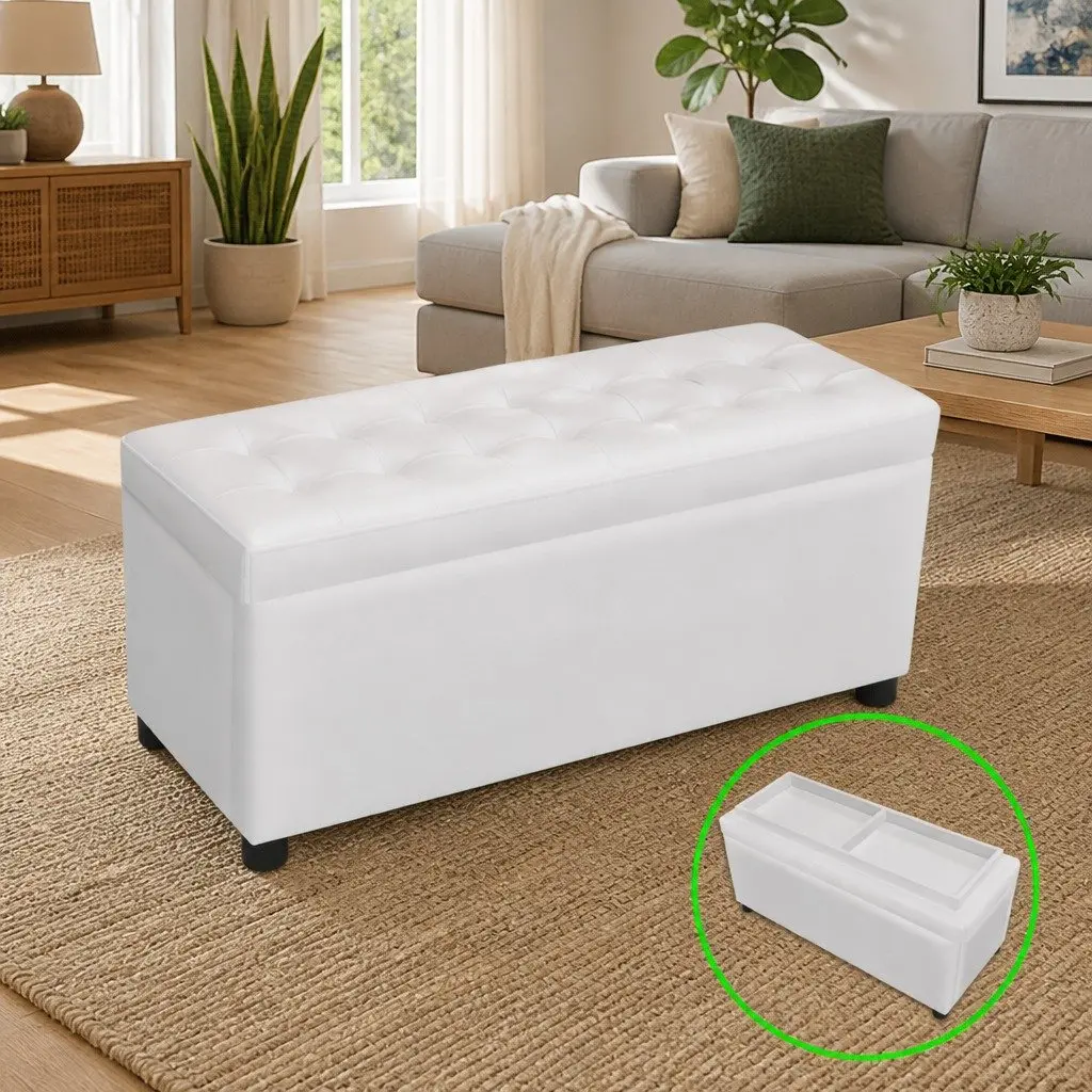 White Artificial Leather Storage Ottoman with Hidden Compartment