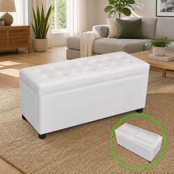 White Artificial Leather Storage Ottoman with Hidden Compartment