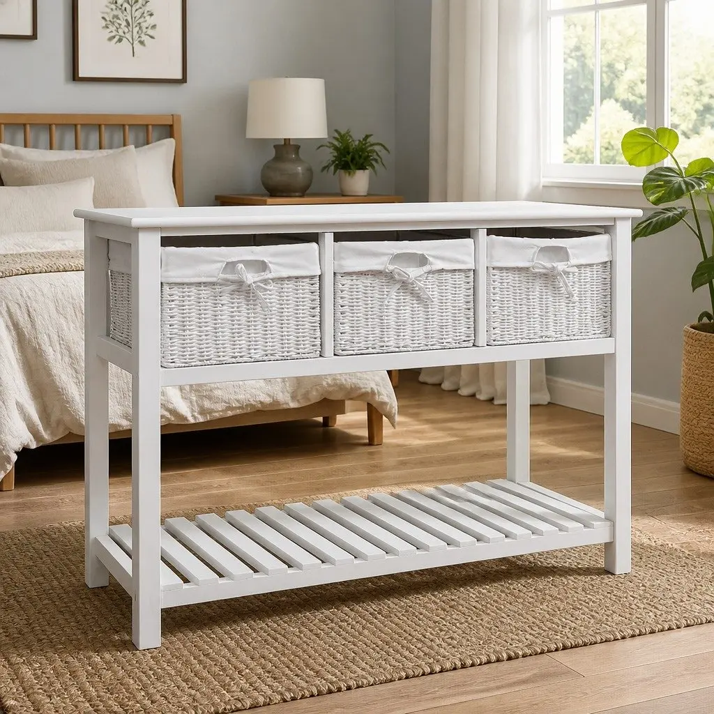 White Storage Sideboard with Woven Baskets Bedroom Hallway Bathroom Cabinet