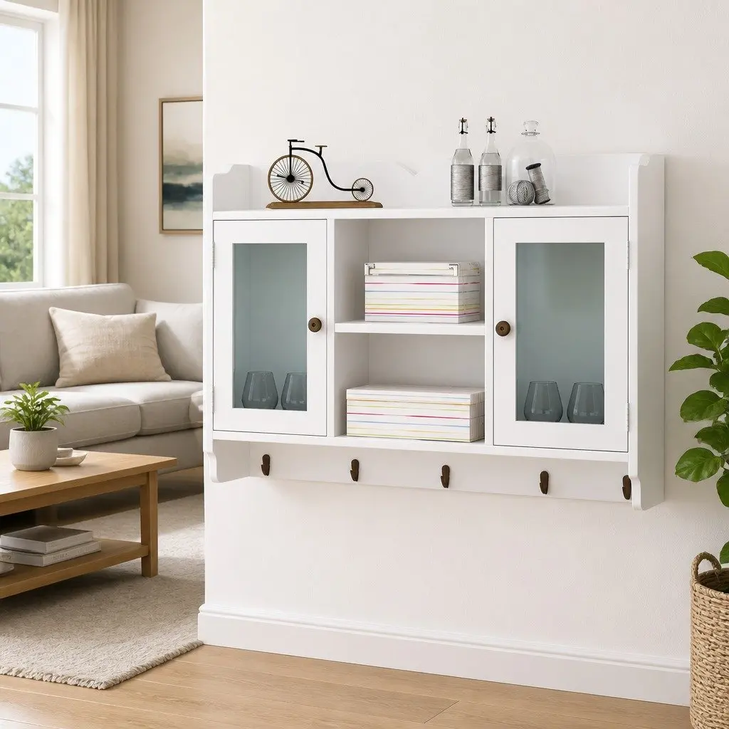 White MDF Wall Display Cabinet with Glass Doors