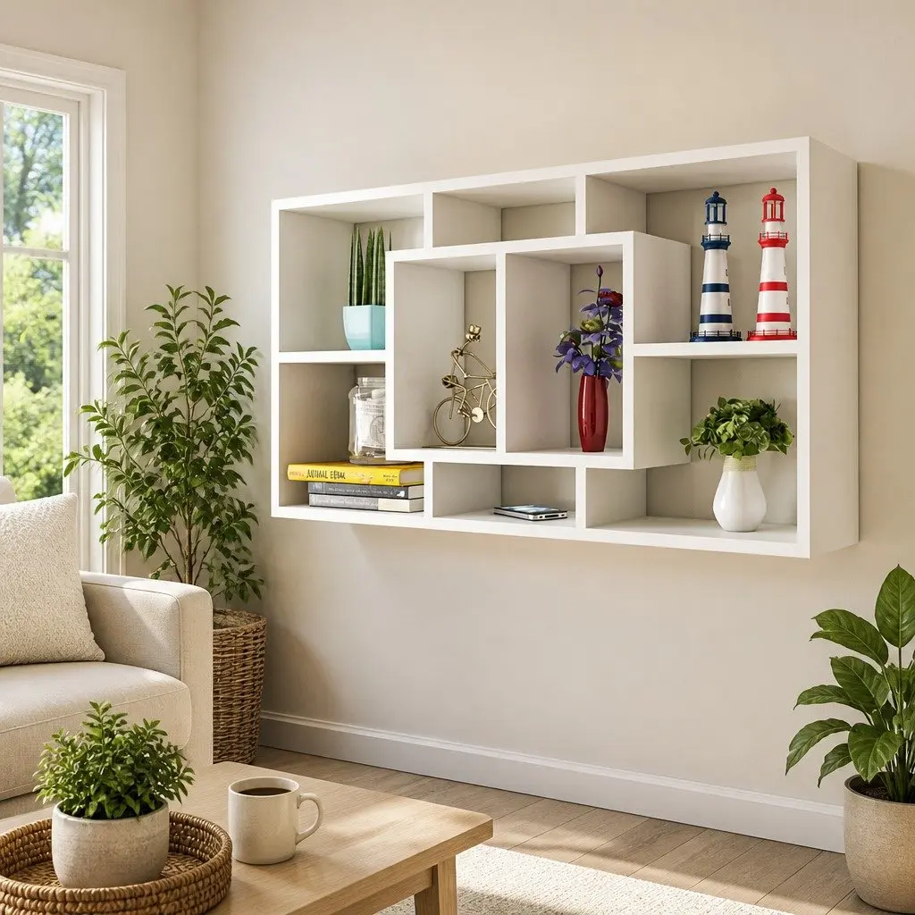 Floating White Display Shelf with 8 Open Compartments