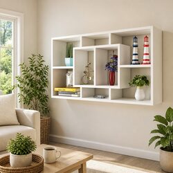 Floating White Display Shelf with 8 Open Compartments