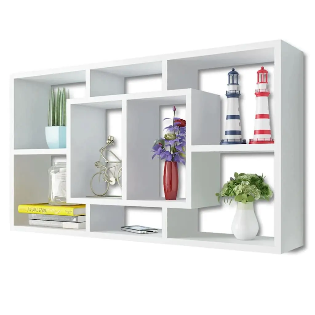Floating White Display Shelf with 8 Open Compartments