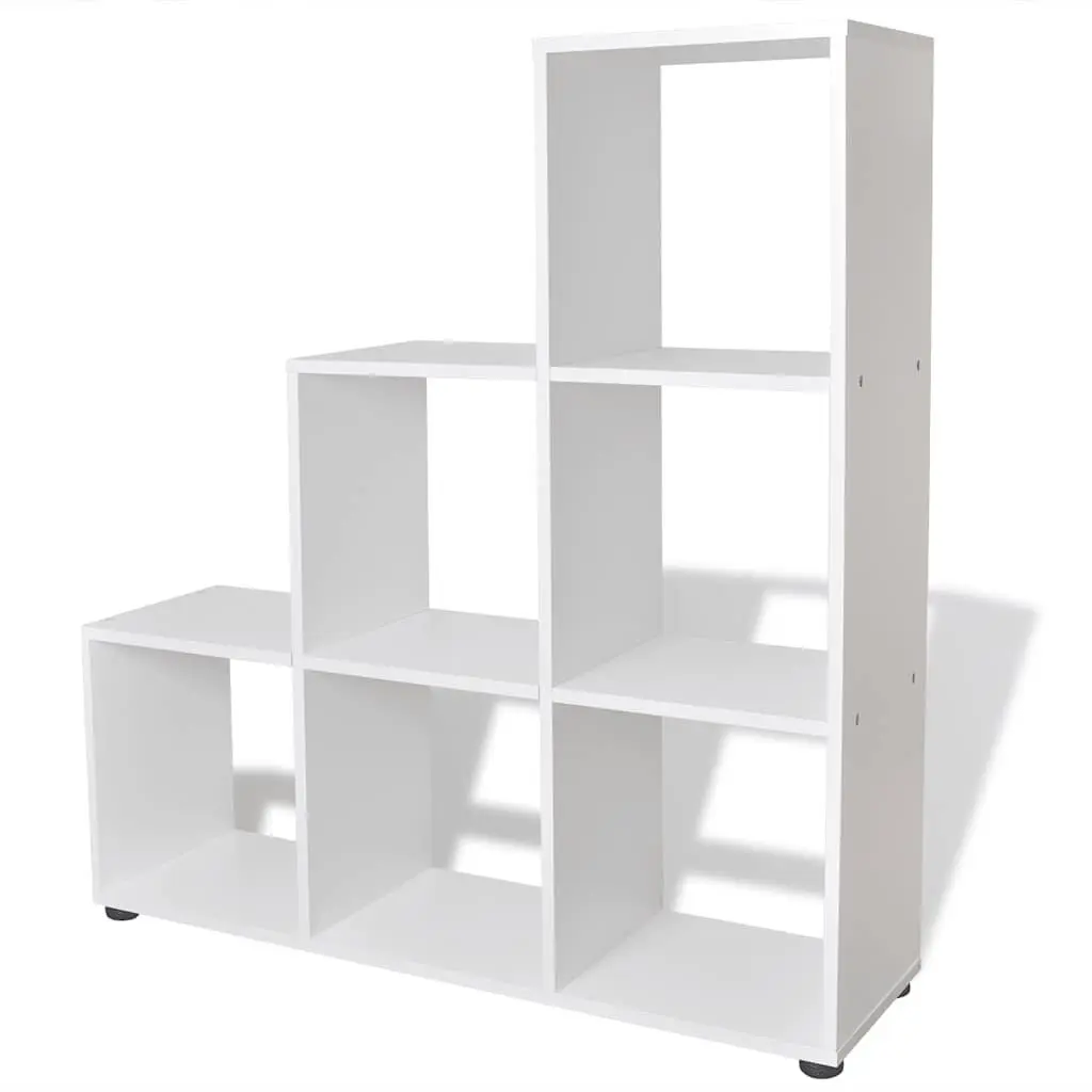 Staircase Bookcase 107cm White 6 Compartments Open Display Standing Shelf Unit