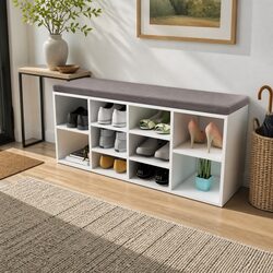 White Shoe Storage Bench with 10 Compartments