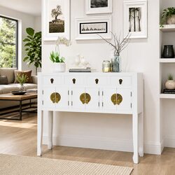 White Solid Wood Sideboard with Asian Style Design